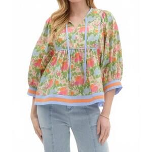 NEW SHEWIN posey floral puff sleeve blouse in multi green